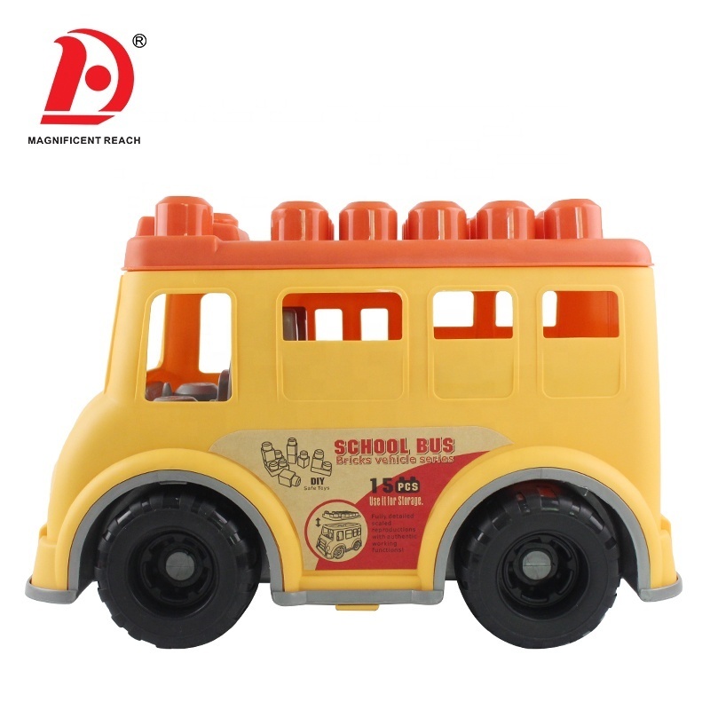 HUADA Kids DIY Plastic Educational Building Blocks Free Wheel Bus Car Toys