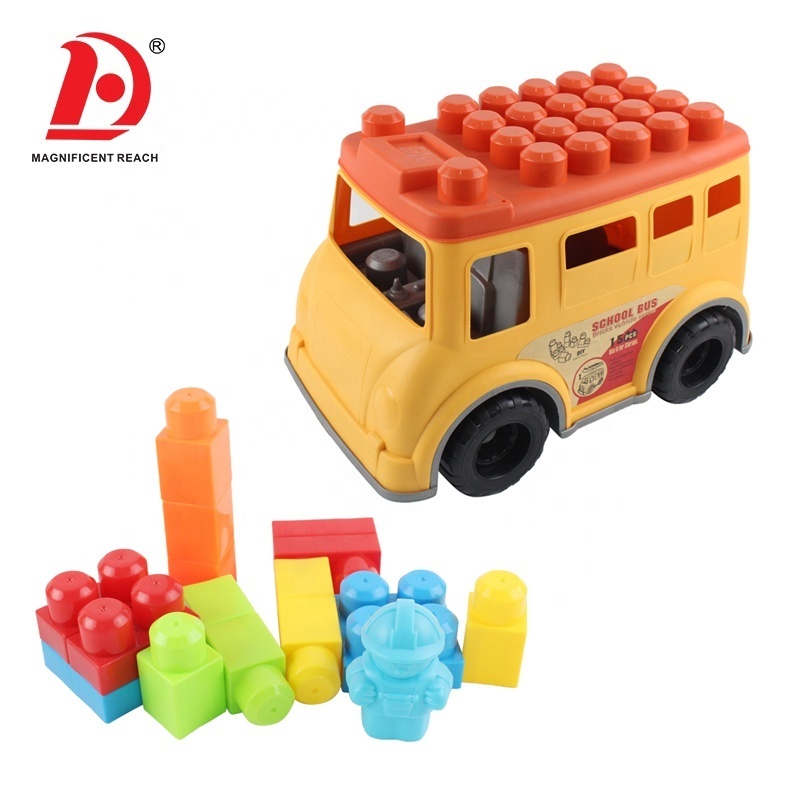 HUADA Kids DIY Plastic Educational Building Blocks Free Wheel Bus Car Toys