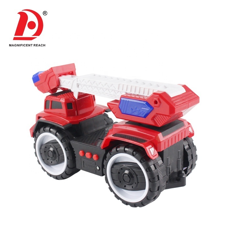 HUADA 2023 Plastic Big Tires Mini Friction Inertia Ladder Fire Truck Toy Car for Baby with Light & Sounds