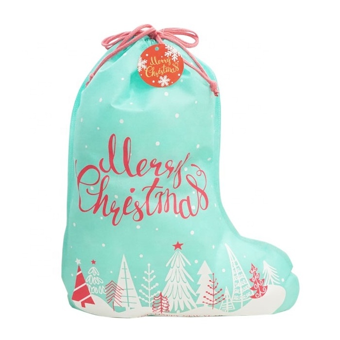 Huadefeng Green Color Christmas Christmas stocking gift bag Non Woven Drawstring Custom Bags