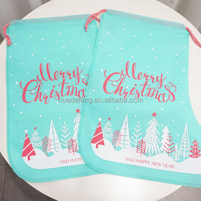 Huadefeng Green Color Christmas Christmas stocking gift bag Non Woven Drawstring Custom Bags