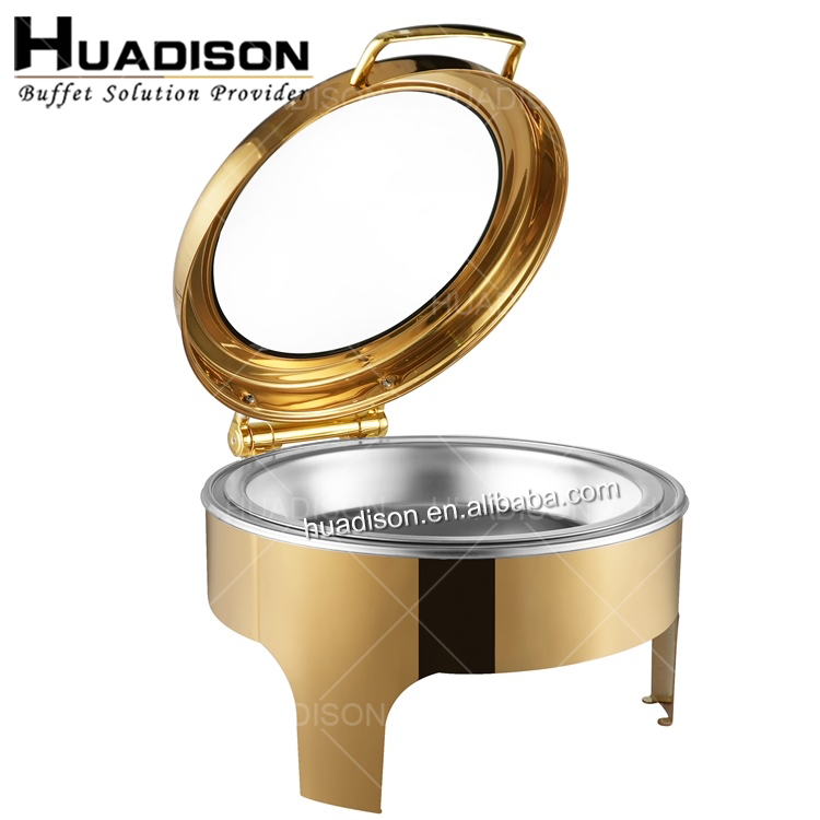 Huadison restaurant equipment food warmers buffet chafing dish luxury royal gold chafing dish with glass lid