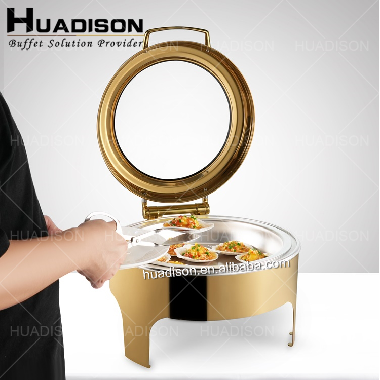 Huadison restaurant equipment food warmers buffet chafing dish luxury royal gold chafing dish with glass lid