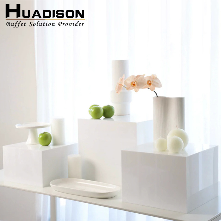 Huadison Catering Equipment Rectangle Clear Display Cube Food Table White Acrylic Catering Buffet Risers For Food Display