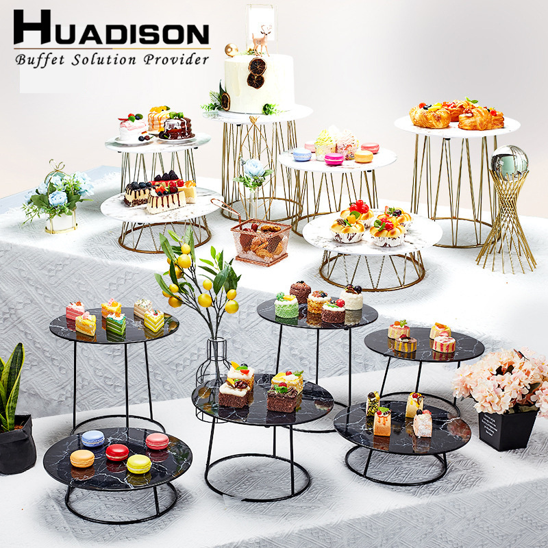 Huadison wholesale gold buffet party food display catering stand salad rack dessert risers for hotel restaurant wedding