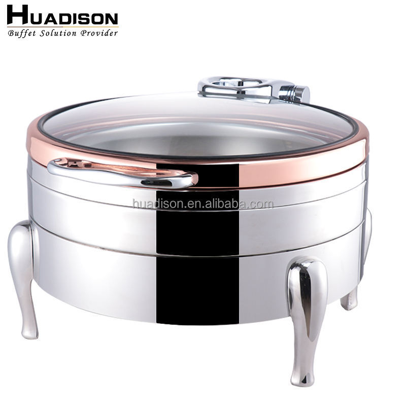 Huadison hotel equipment 304 stainless steel round rose gold 6L chaffing dish food warmer set for catering