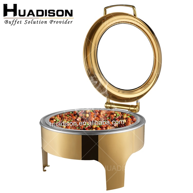 Huadison restaurant equipment food warmers buffet chafing dish luxury royal gold chafing dish with glass lid