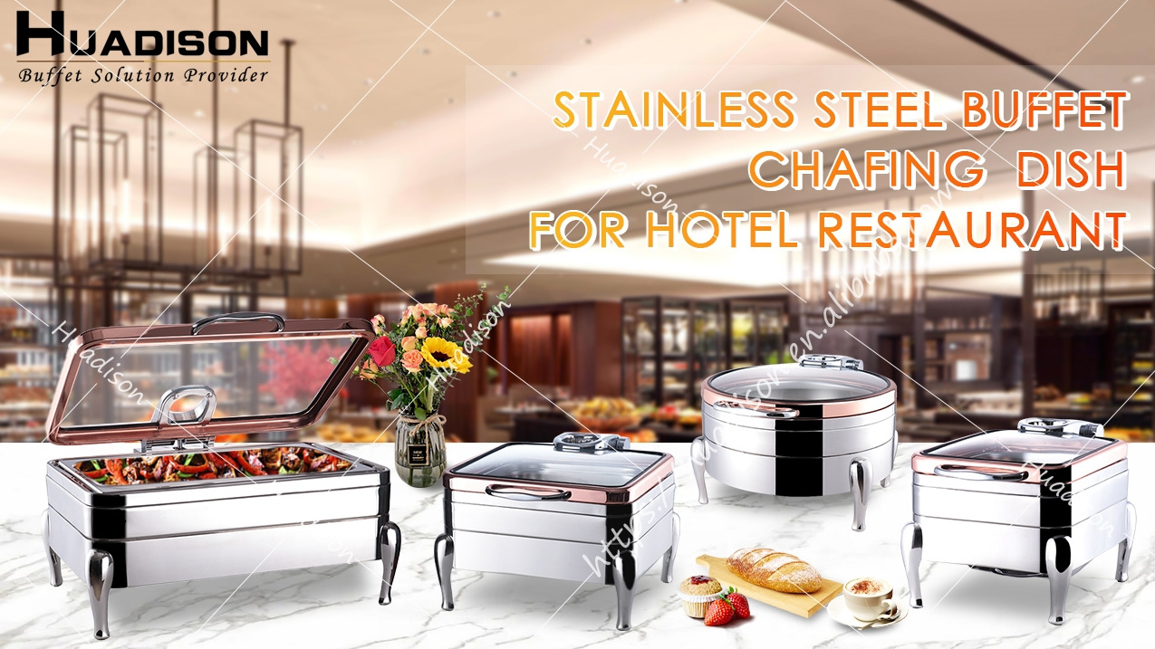 Huadison hotel equipment 304 stainless steel round rose gold 6L chaffing dish food warmer set for catering