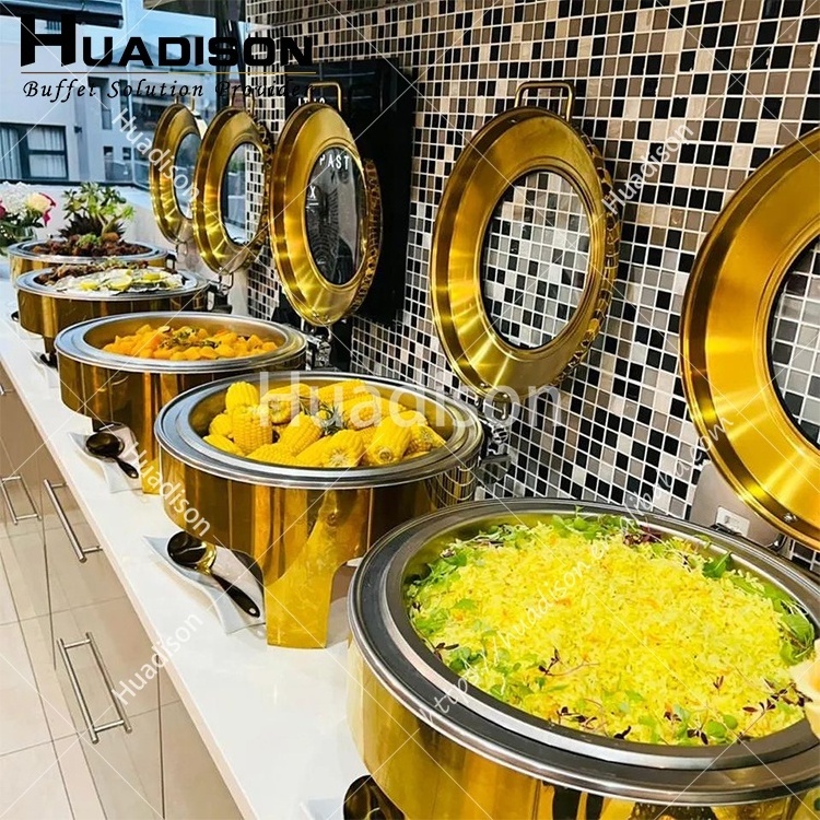 Huadison restaurant equipment food warmers buffet chafing dish luxury royal gold chafing dish with glass lid