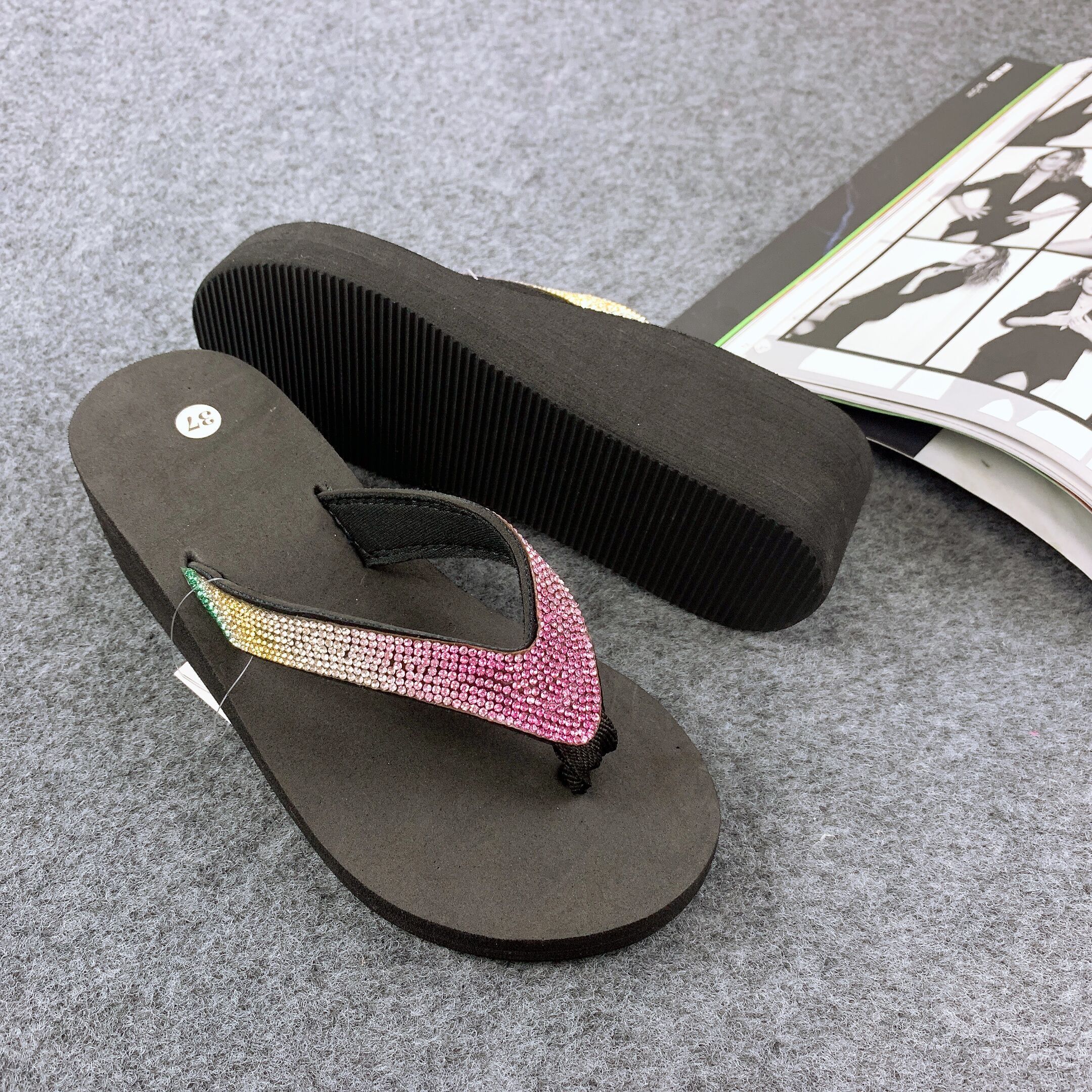 Good Quality Cheap Rhinestone Ladies Summer Beach Women EVA High Heel Flip Flops Factory Direct Fashion Printing Diamond Slipper