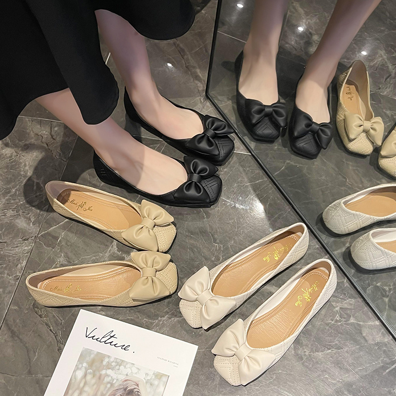 High quality large size bowknot women flat shoes foldable soft sole PU leather ballerina flats