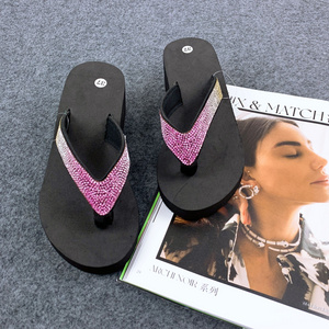 Good Quality Cheap Rhinestone Ladies Summer Beach Women EVA High Heel Flip Flops Factory Direct Fashion Printing Diamond Slipper