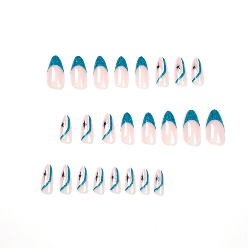 Wholesale stiletto oval blue glitter press on nails fake medium length almond nails vendor for women with glue