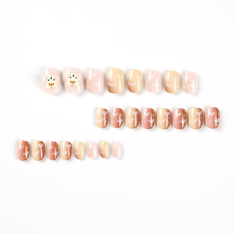 Cloudy short fake nails press on accessory artificial fingernails glue on nails with designs square press on kat with bear