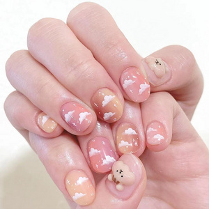 Cloudy short fake nails press on accessory artificial fingernails glue on nails with designs square press on kat with bear