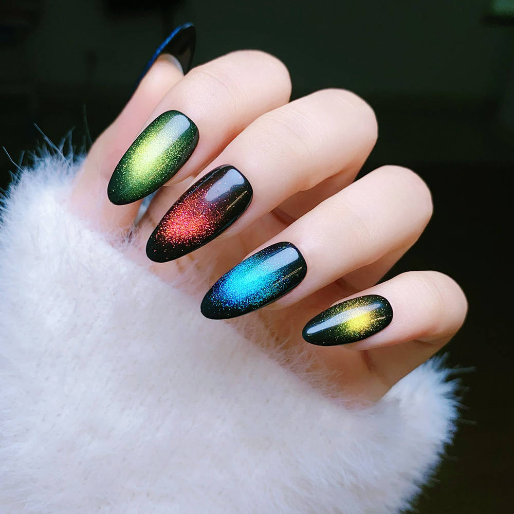 New arrival cat eye nails short custom luxury artificial fingernail with glue colorful press on nails wholesale