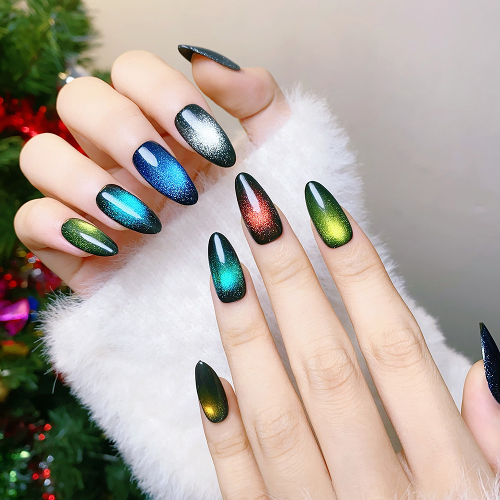 New arrival cat eye nails short custom luxury artificial fingernail with glue colorful press on nails wholesale