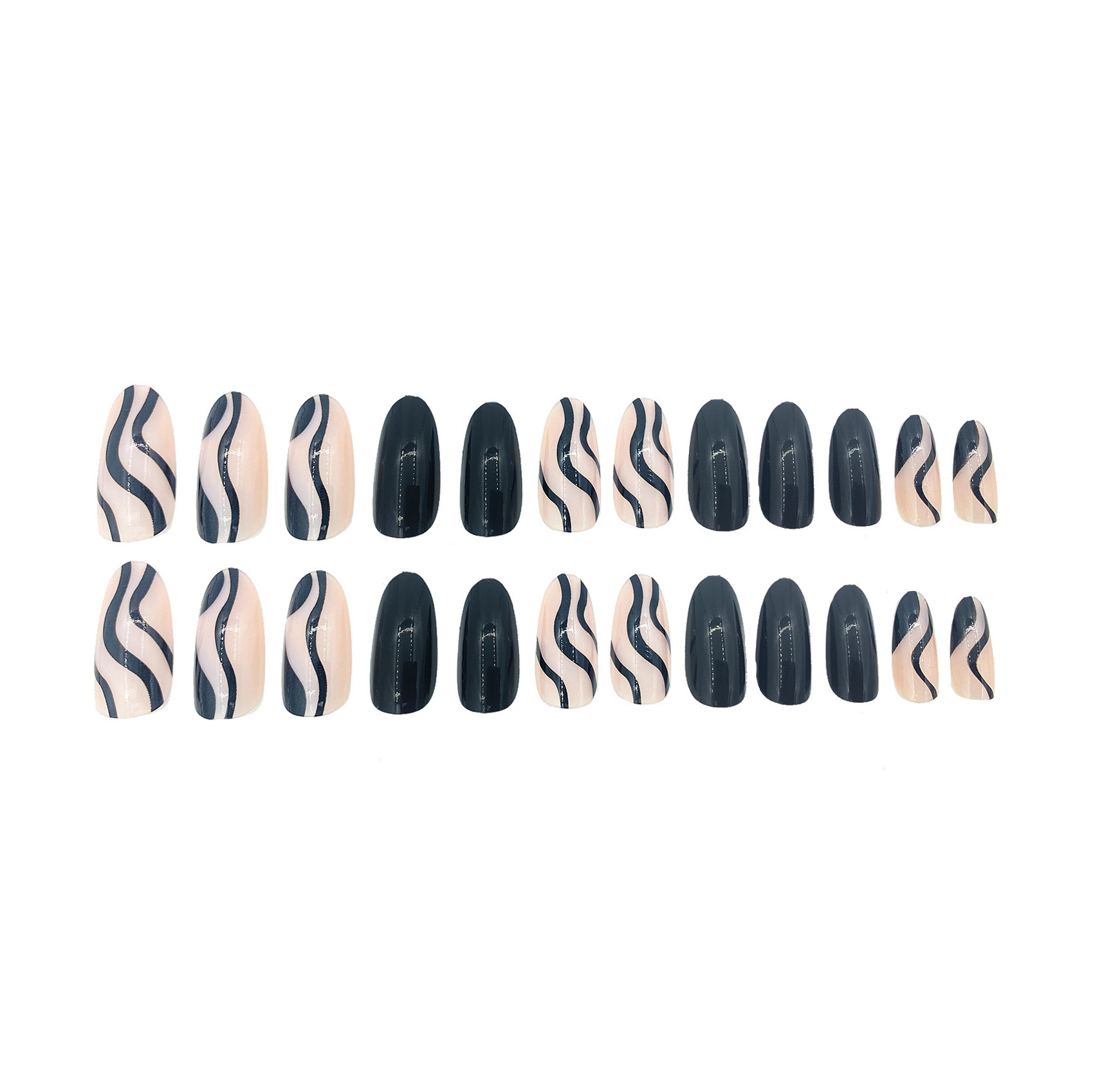 Almond Designer Abs Plastic Black Medium Length 24Pcs Nails Wave Soft Gel Ready To Wear Fake Nails