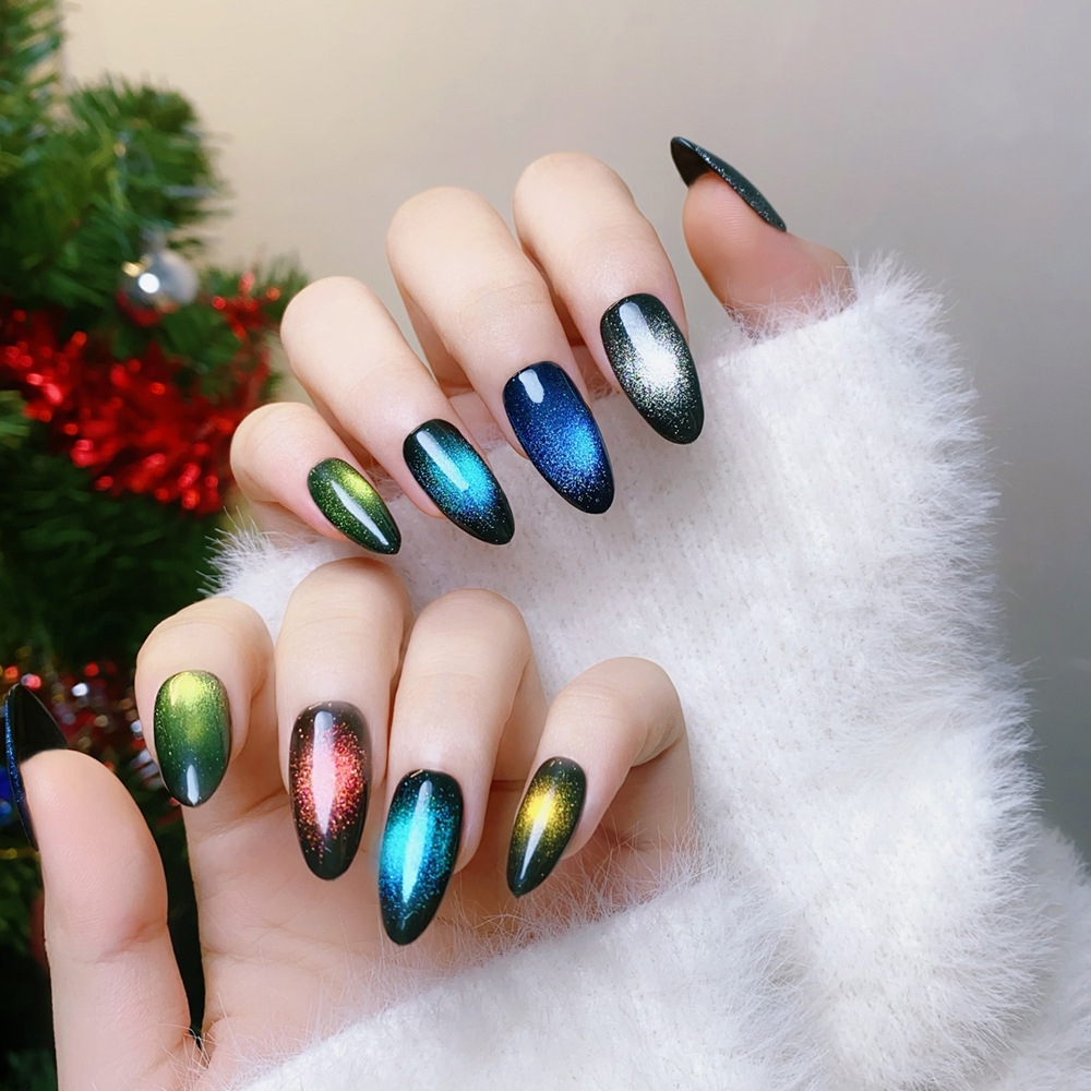 New arrival cat eye nails short custom luxury artificial fingernail with glue colorful press on nails wholesale