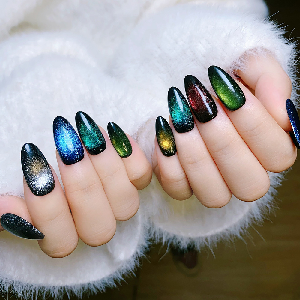 New arrival cat eye nails short custom luxury artificial fingernail with glue colorful press on nails wholesale