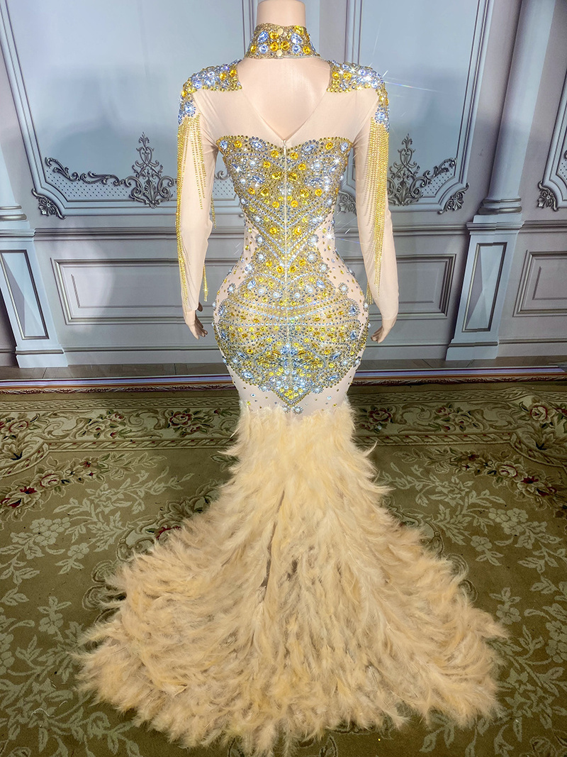 New Arrival L1906 Summer Dress 2023 Shinny Crystal Diamond Mermaid Dresses Women Elegant Long Sleeve Prom Ball Gown With Feather