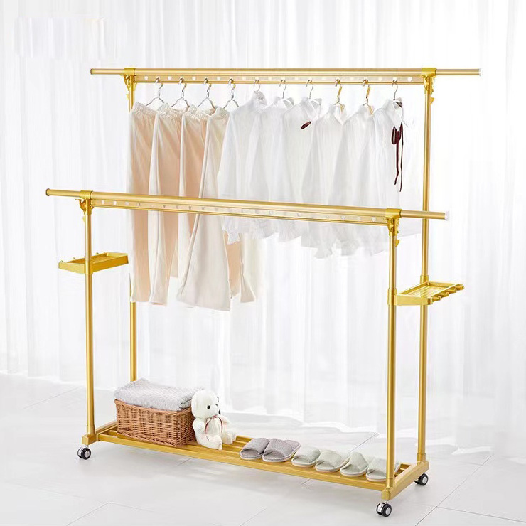 Aluminum Alloy Double Rod Garment Rack Heavy Duty Metal Clothing Rack With Wheels