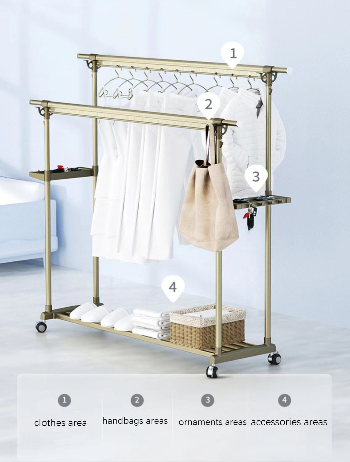 Aluminum Alloy Double Rod Garment Rack Heavy Duty Metal Clothing Rack With Wheels