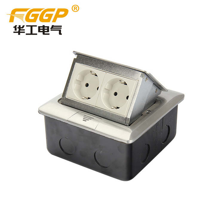 HGD-2F Domestic 2 Gang European Power Socket Silver Floor Pop Up Cover With Box