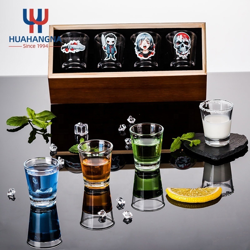 Bar Party Custom Logo Mexican Round Whiskey Vodka Tequila Mini Shot Glasses Set of 4 with Wood Storage Box for Men Gift