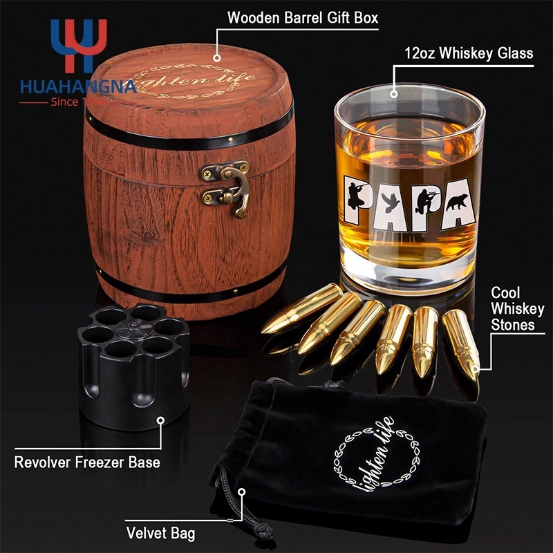 Unique Custom Logo Old Fashioned Round Whiskey Glass and Stainless Steel Bullets Whisky Stones in Barrel Gift Box