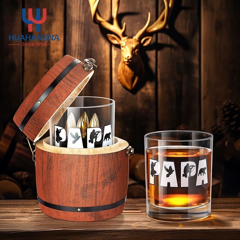 Unique Custom Logo Old Fashioned Round Whiskey Glass and Stainless Steel Bullets Whisky Stones in Barrel Gift Box