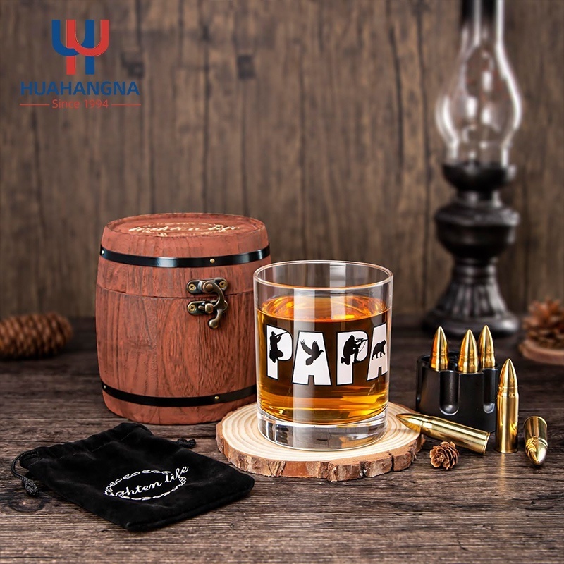 Unique Custom Logo Old Fashioned Round Whiskey Glass and Stainless Steel Bullets Whisky Stones in Barrel Gift Box