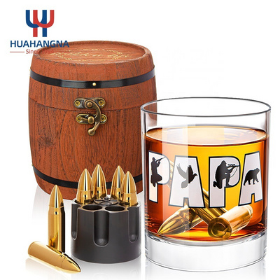 Unique Custom Logo Old Fashioned Round Whiskey Glass and Stainless Steel Bullets Whisky Stones in Barrel Gift Box