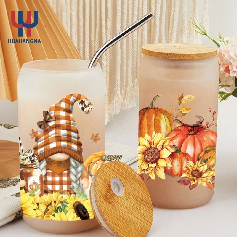 USA Warehouse Halloween 16oz 20oz Libbey Clear Frosted Sublimation Blanks Mason Jar Beer Can Glass Cup With Bamboo Lid And Straw