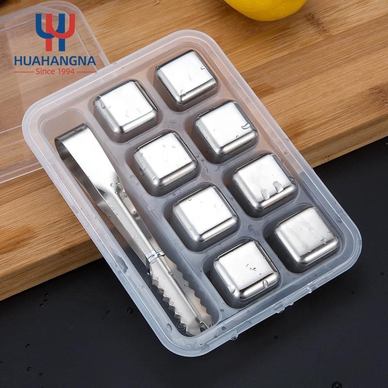 China Custom Logo Metal Chilling Ice Cubes Reusable 304 Stainless Steel Rock Whiskey Stones with Tongs for Bar Beer Scotch Vodka