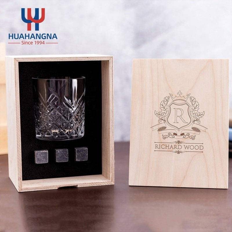 HUAHANGNA Custom Etched Personalized Whisky Glass Set with Whiskey Cooling Stones in Wood Box for Men Birthday Gift