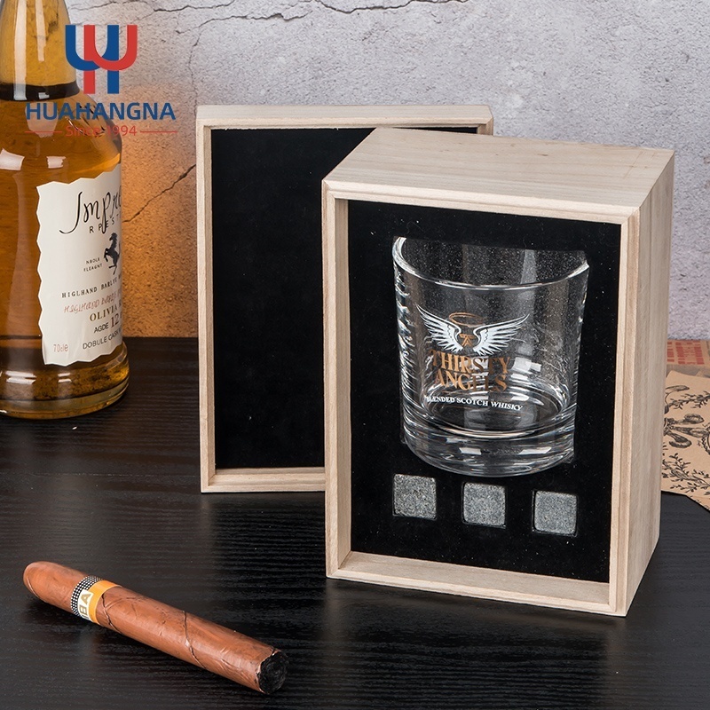 HUAHANGNA Custom Etched Personalized Whisky Glass Set with Whiskey Cooling Stones in Wood Box for Men Birthday Gift