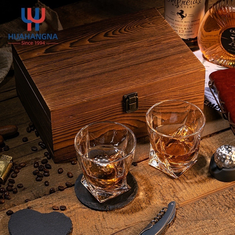 Bar Glassware Gift Set 11oz 330ml Unique Crystal Clear Rock Twisted Whiskey Glasses Set with Whisky Balls and Wooden Box