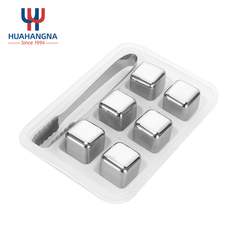 China Custom Logo Metal Chilling Ice Cubes Reusable 304 Stainless Steel Rock Whiskey Stones with Tongs for Bar Beer Scotch Vodka