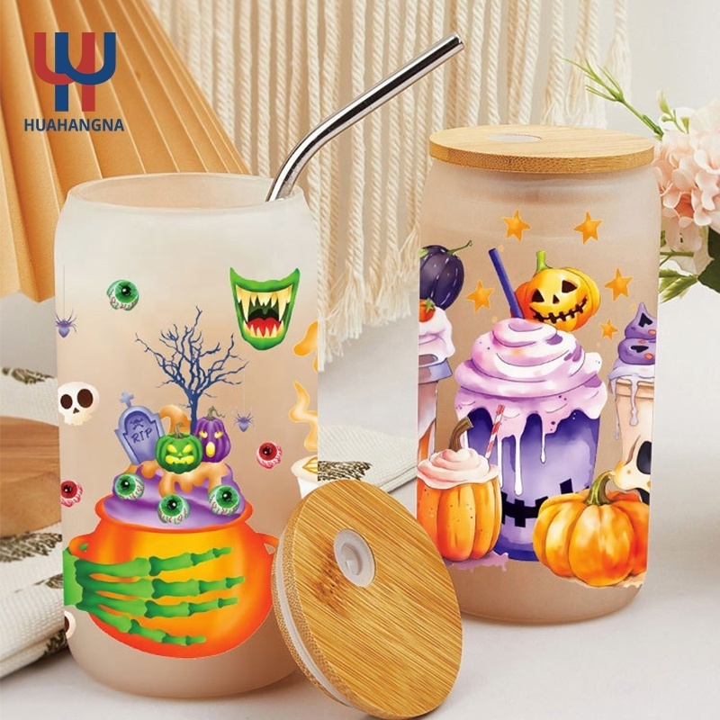 USA Warehouse Halloween 16oz 20oz Libbey Clear Frosted Sublimation Blanks Mason Jar Beer Can Glass Cup With Bamboo Lid And Straw