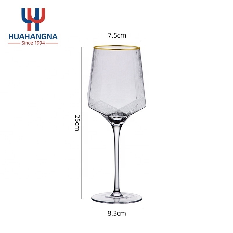 Nordic Vintage Custom Logo Gold Rim Diamond Shape Hammered Crystal Clear Champagne Goblet Wine Glasses for Restaurant Bar