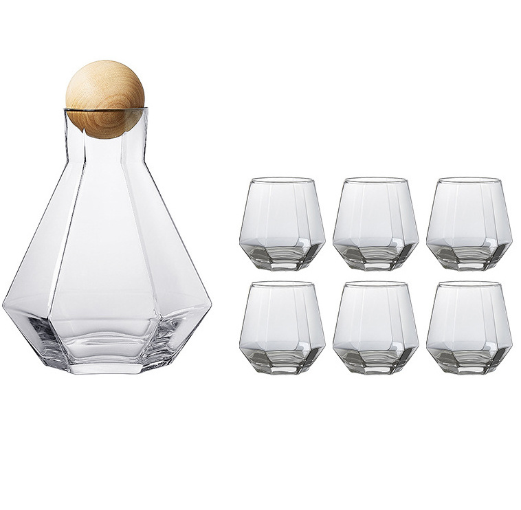 1230ml Glass Carafe with Wood Lid Hand Blown Water Jug Set with 4 water glasses and 1 Glass Pitcher in Gift Box