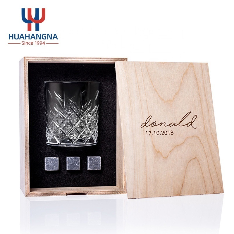 HUAHANGNA Custom Etched Personalized Whisky Glass Set with Whiskey Cooling Stones in Wood Box for Men Birthday Gift