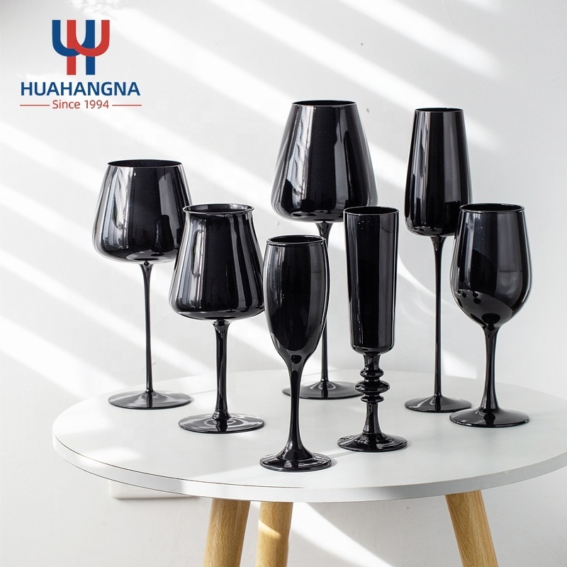 Wholesale Elegant Lead Free Long Stem Goblet Wine Glasses Full Color Accent Blind Black Tasting Glass for Fun Party Event