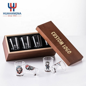 Bar Party Custom Logo Mexican Round Whiskey Vodka Tequila Mini Shot Glasses Set of 4 with Wood Storage Box for Men Gift