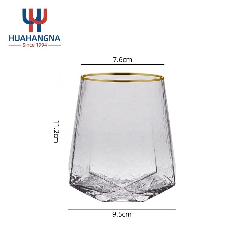 Nordic Vintage Custom Logo Gold Rim Diamond Shape Hammered Crystal Clear Champagne Goblet Wine Glasses for Restaurant Bar