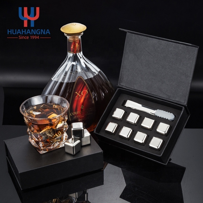 China Custom Logo Metal Chilling Ice Cubes Reusable 304 Stainless Steel Rock Whiskey Stones with Tongs for Bar Beer Scotch Vodka