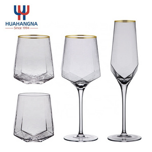 Nordic Vintage Custom Logo Gold Rim Diamond Shape Hammered Crystal Clear Champagne Goblet Wine Glasses for Restaurant Bar