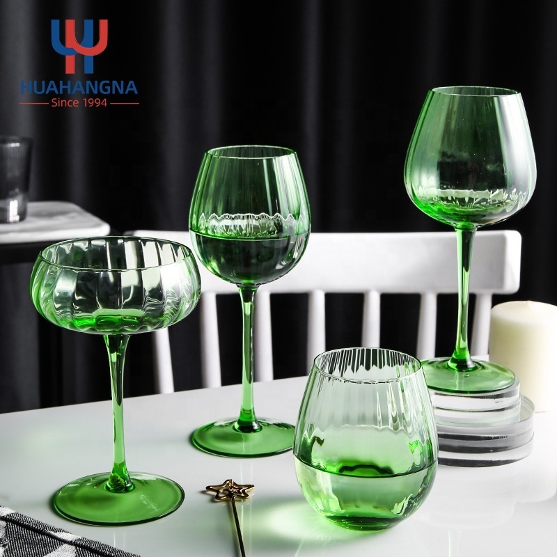 300 400ml Elegant Long Stemmed Champagne Flute Glasses Green Vertical Striped Red Wine Glasses for Home Bar