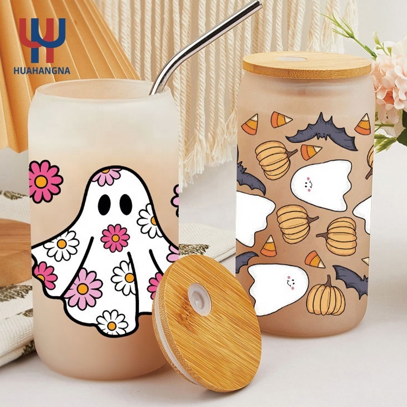 USA Warehouse Halloween 16oz 20oz Libbey Clear Frosted Sublimation Blanks Mason Jar Beer Can Glass Cup With Bamboo Lid And Straw